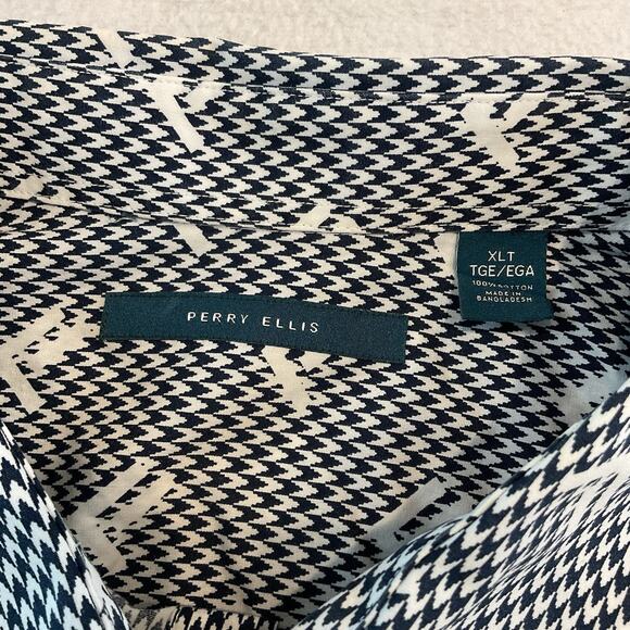 Perry Ellis Shirt Mens XLT Navy Blue White Geometric Short Sleeve Button Front - Picture 8 of 11